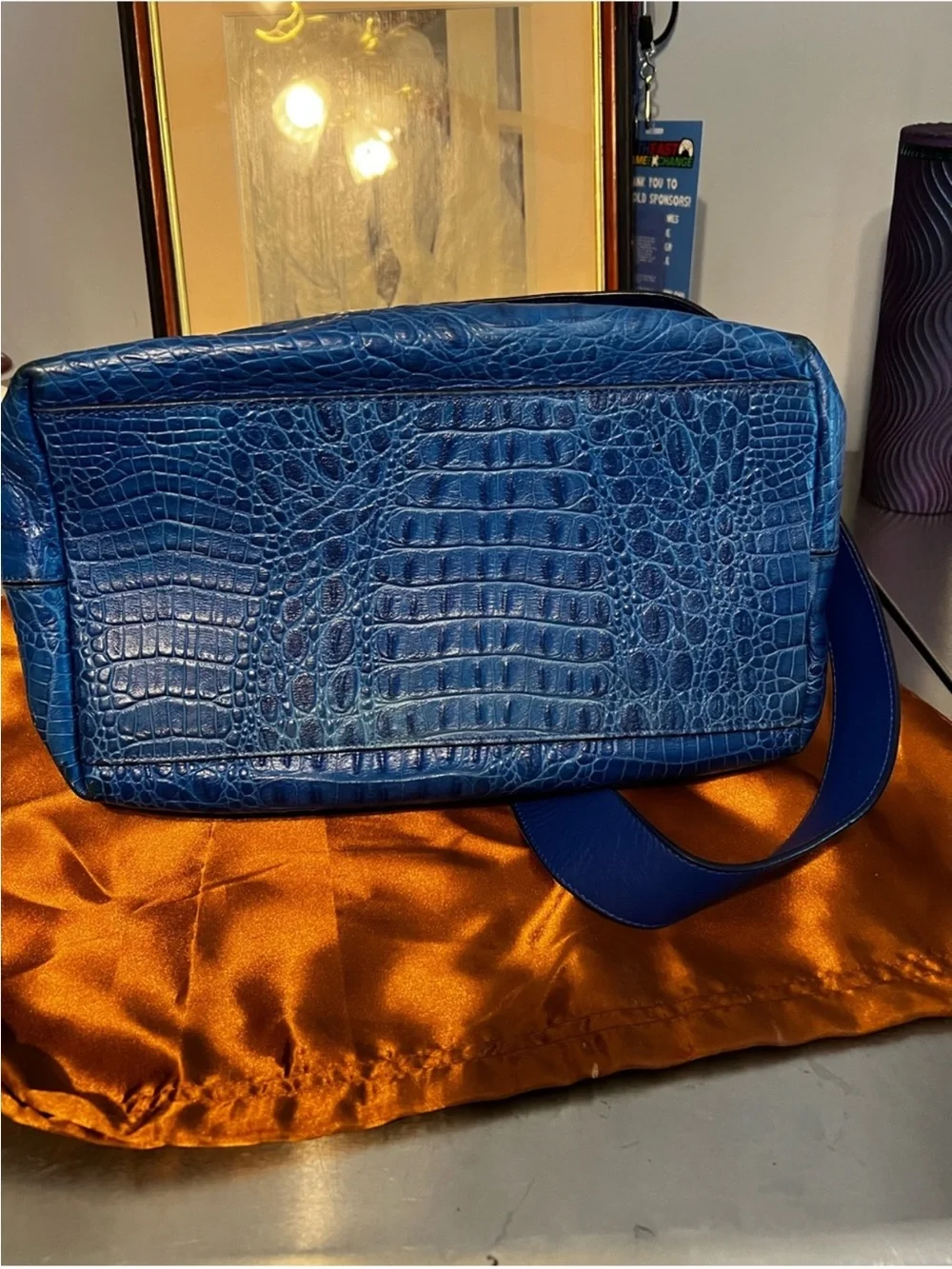 Furla Patent Dome Satchel in Deep Blue with Teal Trim